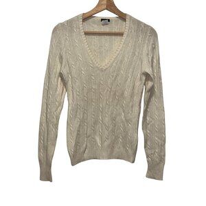 J.Crew Womens Cream Cable Knit V-Neck Sweater SmallMerino Wool/Viscose/Angora/Ca